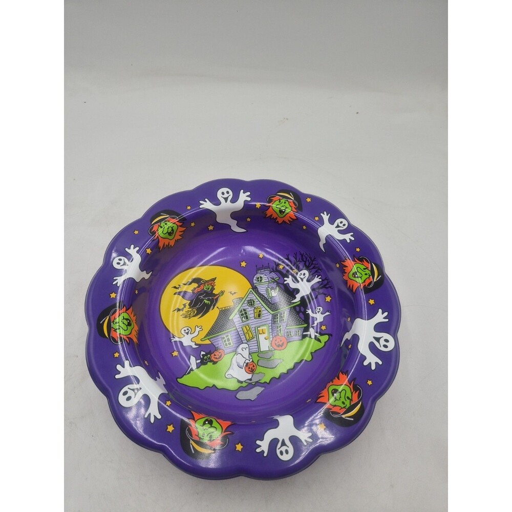 90s Kmart Purple Plastic Halloween Candy Bowl Ghost Witch Haunted House Round